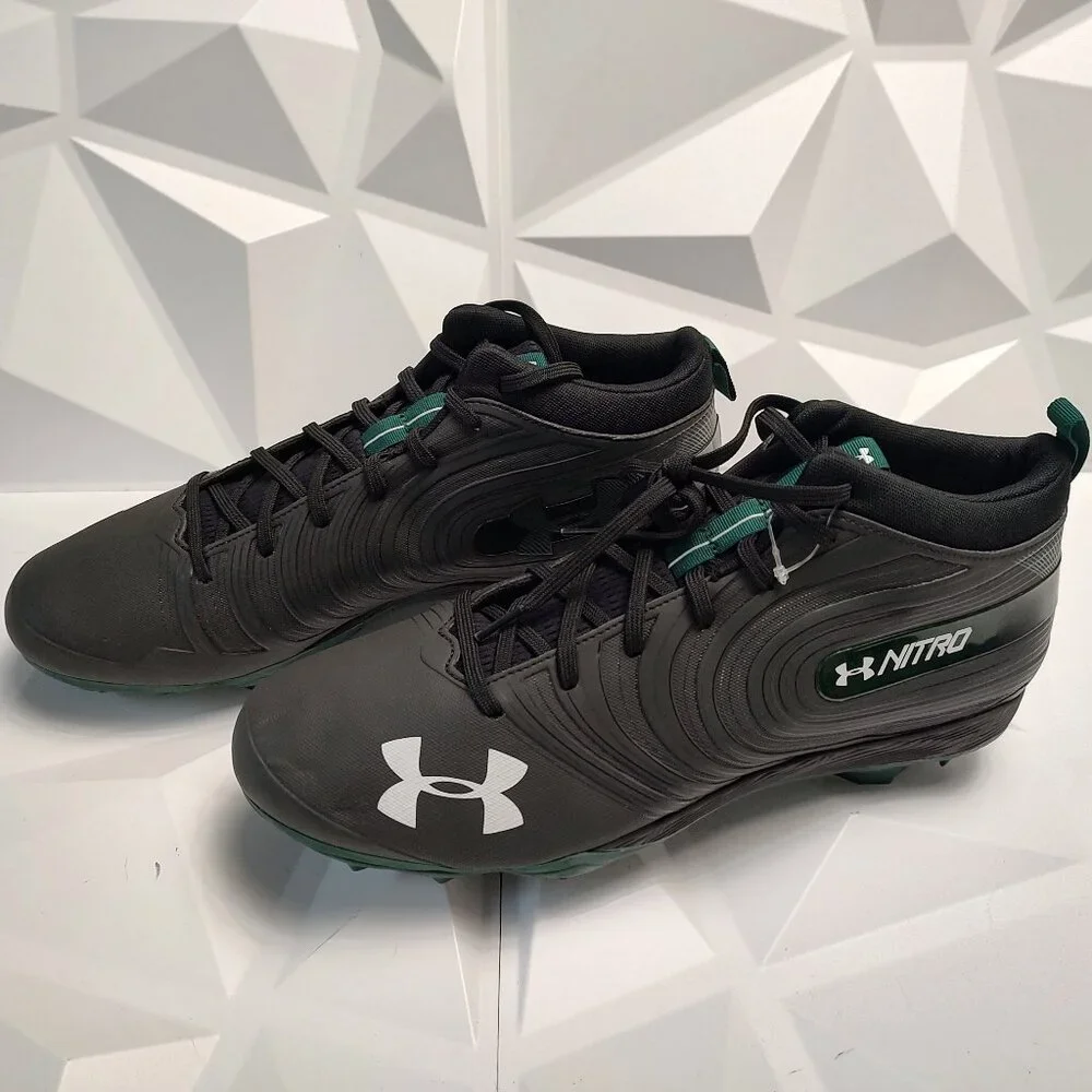 Under Armour Mens Football Cleat 16 Black Green Shoe Lacrosse Nitro Mid MC - Picture 4 of 10
